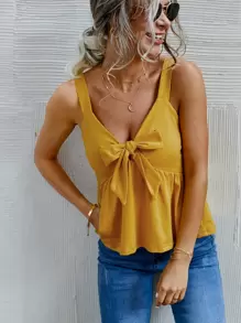 Tie Front Peplum Cami Top - Mustard Yellow - View 1