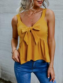 Tie Front Peplum Cami Top - Mustard Yellow - View 4