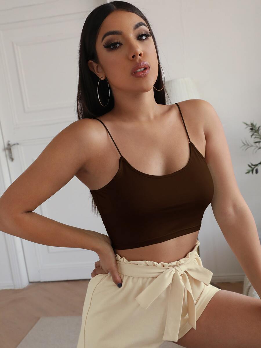 細帶帶短版素色吊帶上衣 - 巧克力棕 - 查看 1
