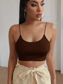 細帶帶短版素色吊帶上衣 - 巧克力棕 - 查看 5