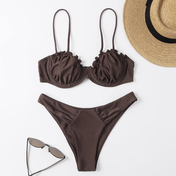 

Ruched Bust Frill Underwire Bikini Swimsuit, Chocolate brown
