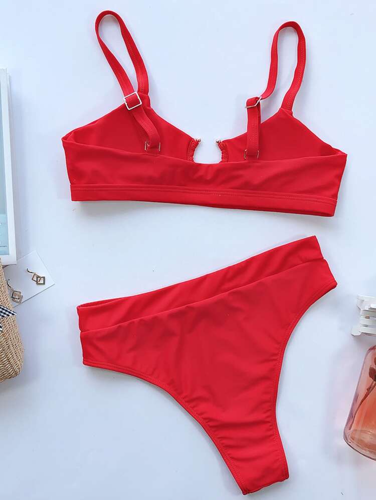 Summer Beach Solid Bikini Set Cuff Ring Linked Adjustable Strap Cami Bra & High Waisted Bottom 2 Piece Bathing Suit