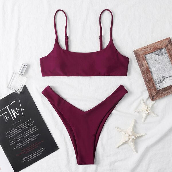 

Plain High Cut Bikini Swimsuit, Burgundy