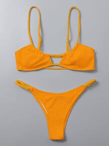 Conjunto de bikini de tanga con textura para vacaciones de verano en la playa - Amarillo - Ver 3
