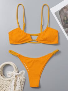Conjunto de bikini de tanga con textura para vacaciones de verano en la playa - Amarillo - Ver 5