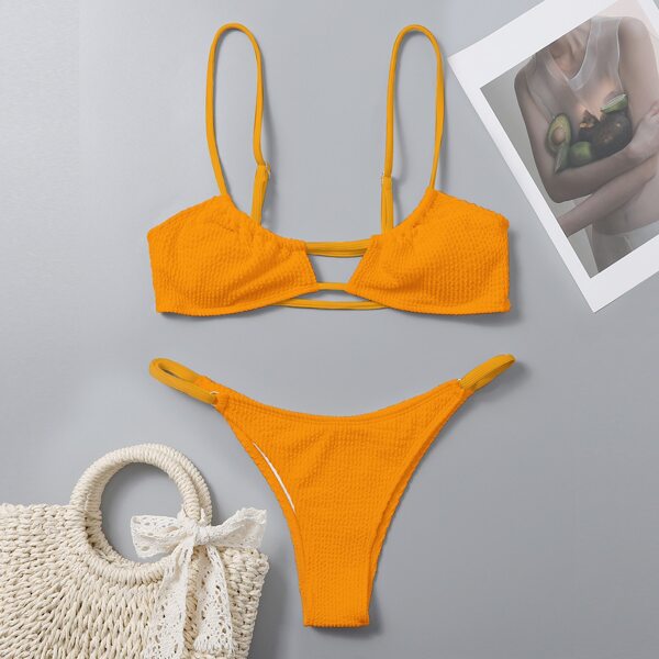 

Textured Thong Bikini Swimsuit, Yellow