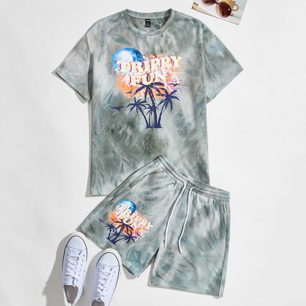

Men Letter Graphic Tie Dye Top & Shorts Set, Green