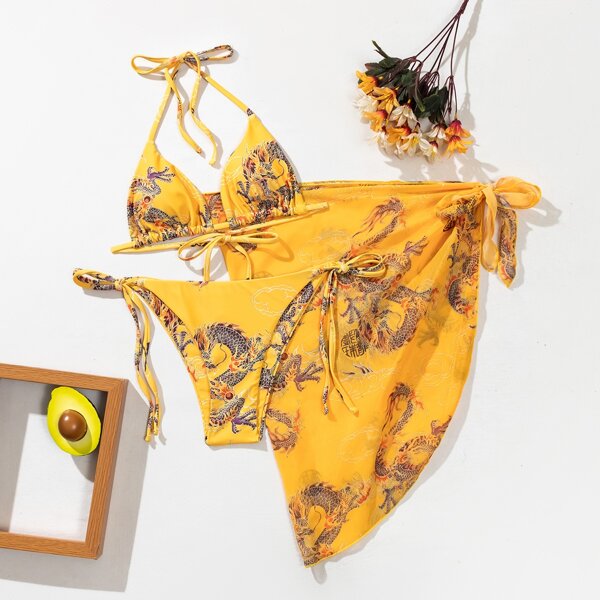 

3pack Chinese Dragon Triangle Bikini Swimsuit & Beach Skirt, Yellow