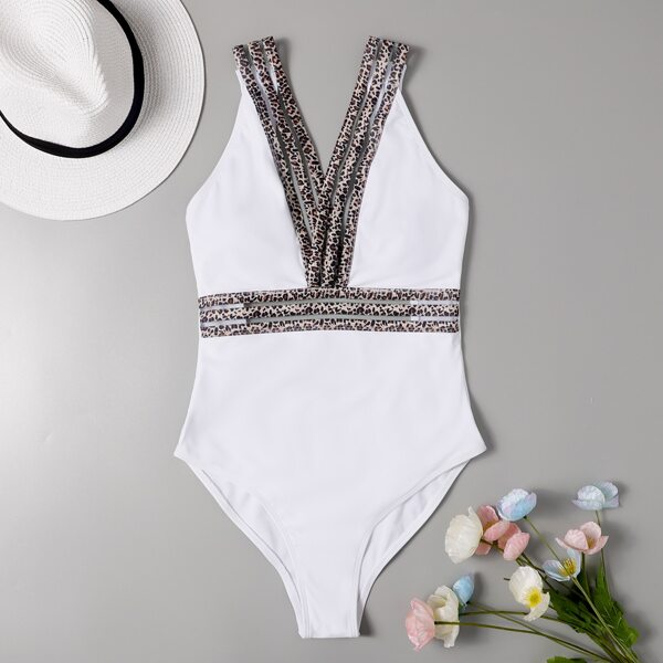 

Leopard Trim Plunging One Piece Swimsuit, White