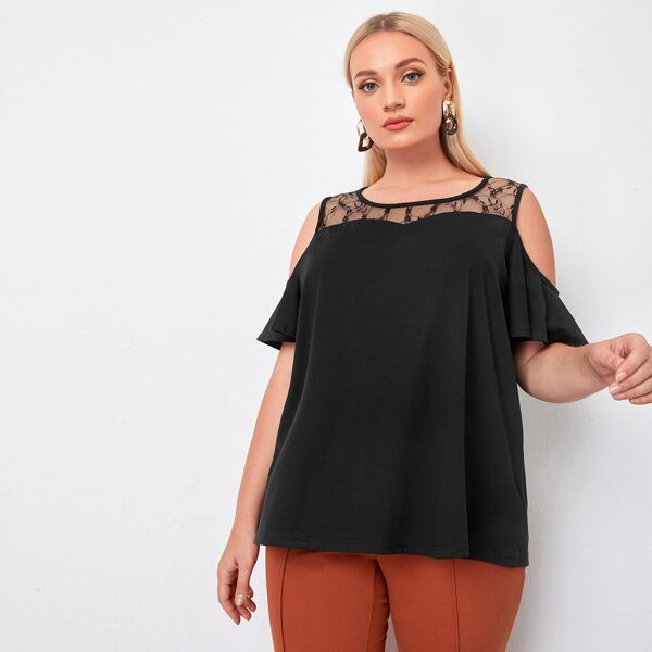 

Plus Contrast Lace Cold Shoulder Tee, Black
