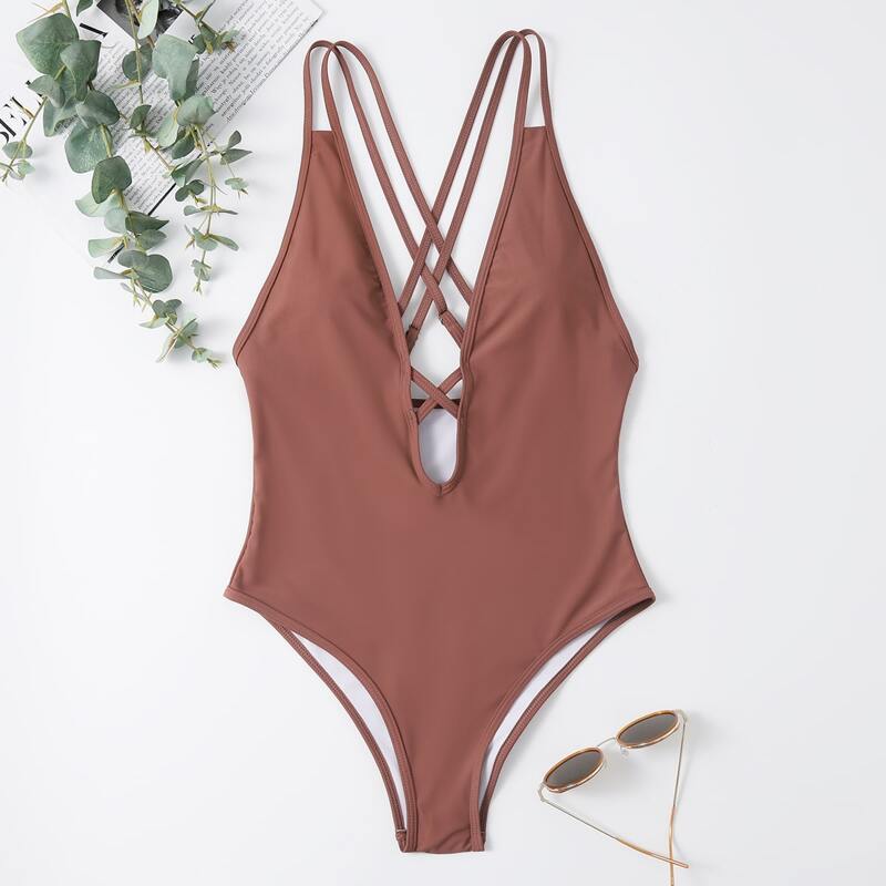 

Criss Cross Plunging One Piece Swimsuit, Rusty rose