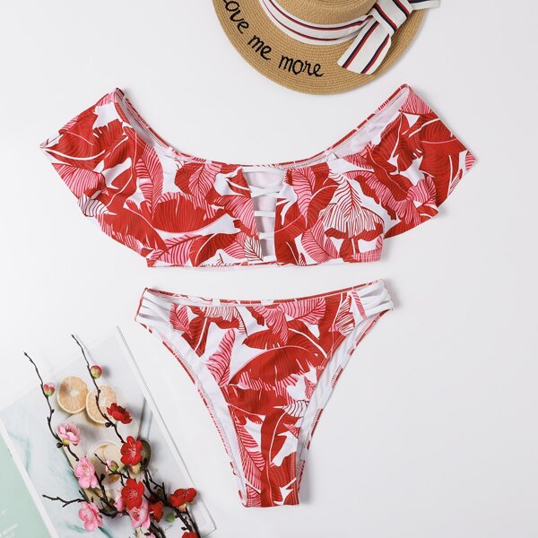 

Tropical Ruffle Bikini Swimsuit, Red and white
