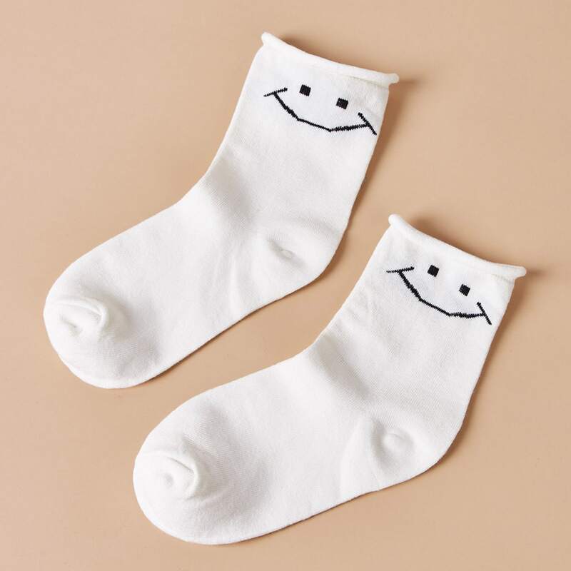 

Cartoon Smile Crew Socks, White