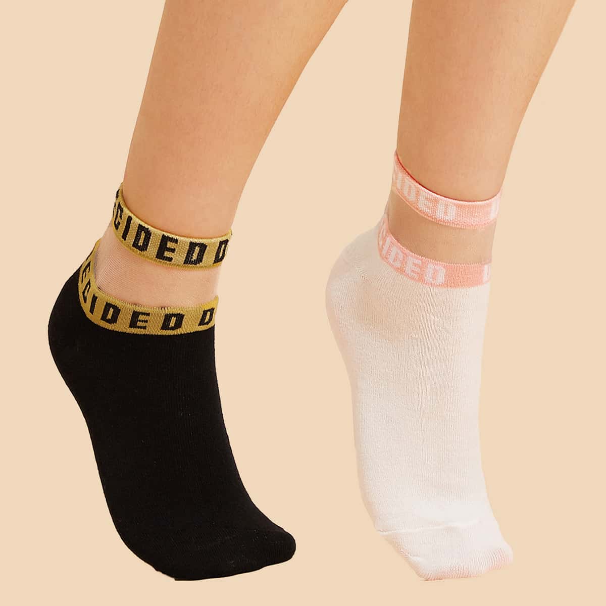 

2pairs Contrast Mesh Ankle Socks, Black and white
