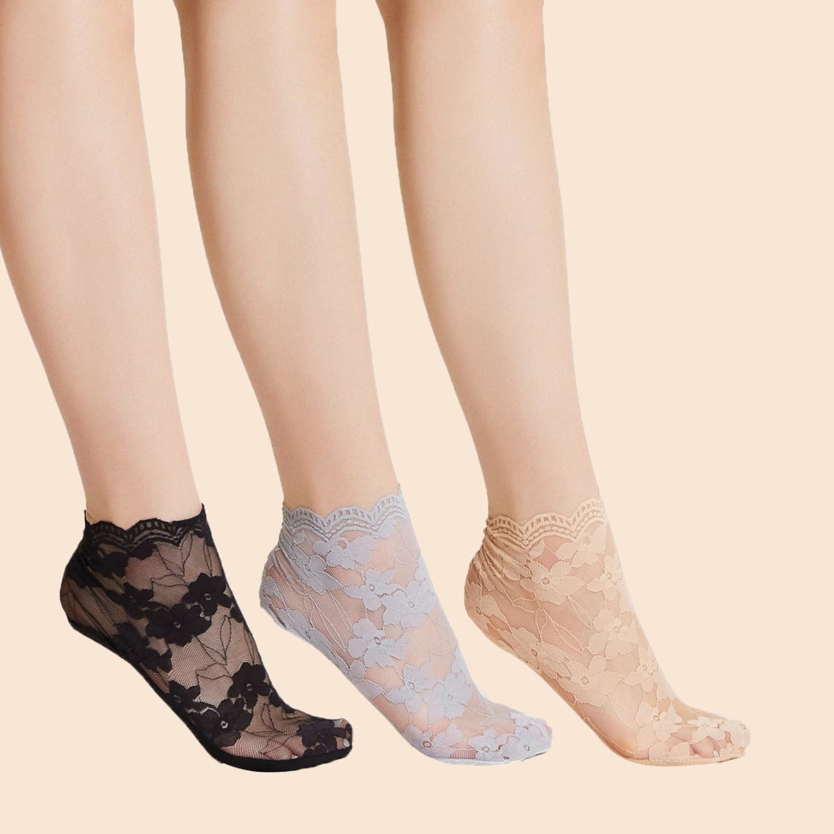 

3pairs Lace Ankle Socks, Multicolor