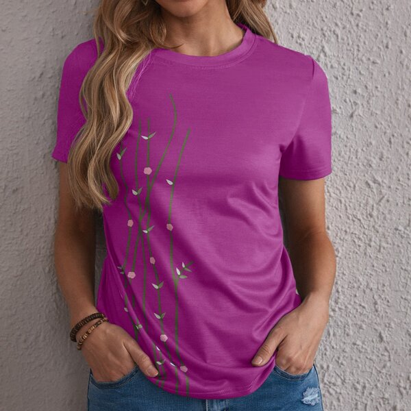 

Floral & Leaf Print Tee, Purple