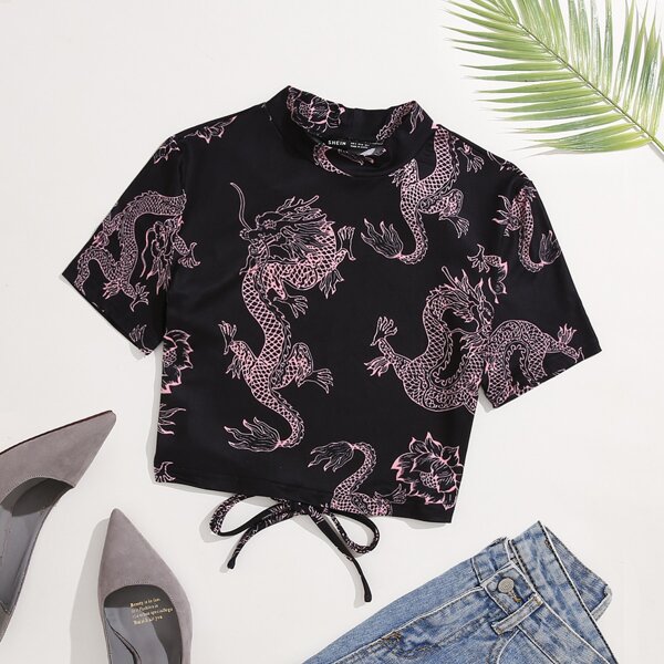 

Plus Chinese Dragon Print Knotted Backless Mock Neck Tee, Multicolor