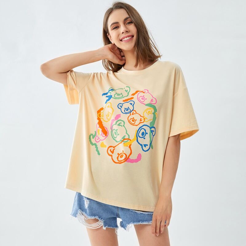 

Cartoon Bear Graphic Drop Shoulder Tee, Beige