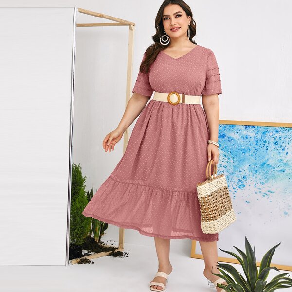 

Plus Swiss Dot Ruffle Hem Dress Without Belt, Dusty pink