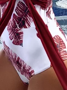 Contrast Tropical Print Tie Waist One-Piece Swimsuit, For Summer Beach Vacation - Burgundy - View 3