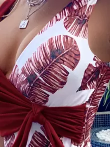 Contrast Tropical Print Tie Waist One-Piece Swimsuit, For Summer Beach Vacation - Burgundy - View 4