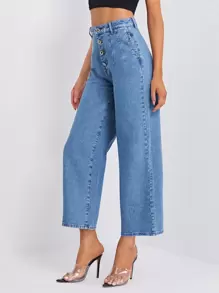 High Waisted Wide Leg Jeans Without Belt - Medium Wash - View 1