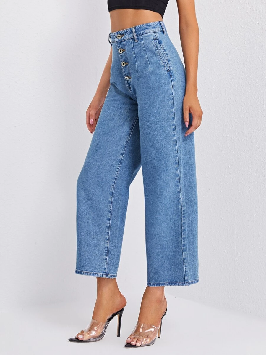 High Waisted Wide Leg Jeans Without Belt - Medium Wash - View 1