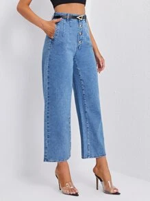 High Waisted Wide Leg Jeans Without Belt - Medium Wash - View 3