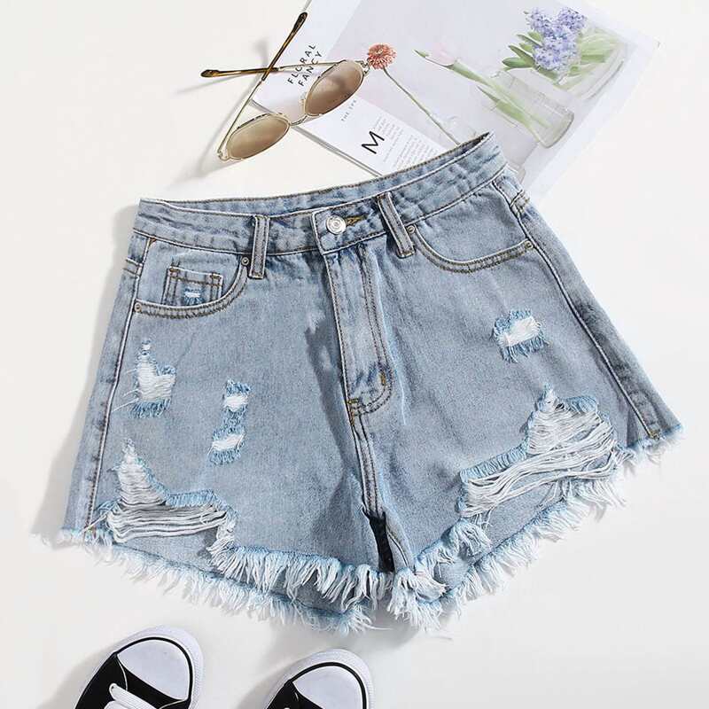 

Ripped Raw Hem Denim Shorts, Light wash