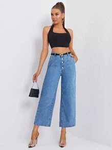High Waisted Wide Leg Jeans Without Belt - Medium Wash - View 4