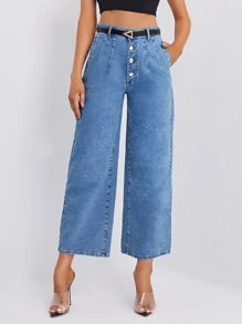 High Waisted Wide Leg Jeans Without Belt - Medium Wash - View 5