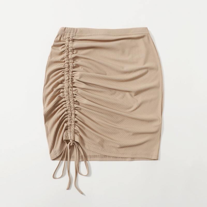 

Solid Drawstring Bodycon Dress, Camel