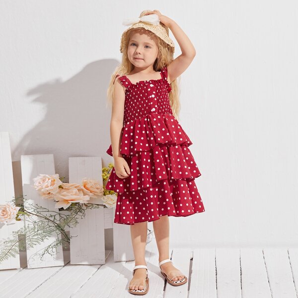 

Toddler Girls Polka Dot Shirred Layered Cami Dress, Burgundy
