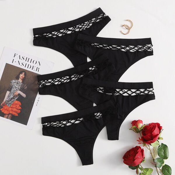 

5pack Hollow Out Panty Set, Black