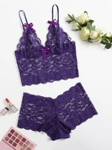 Floral Lace Scallop Trim Lingerie Set - Violet Purple - View 1