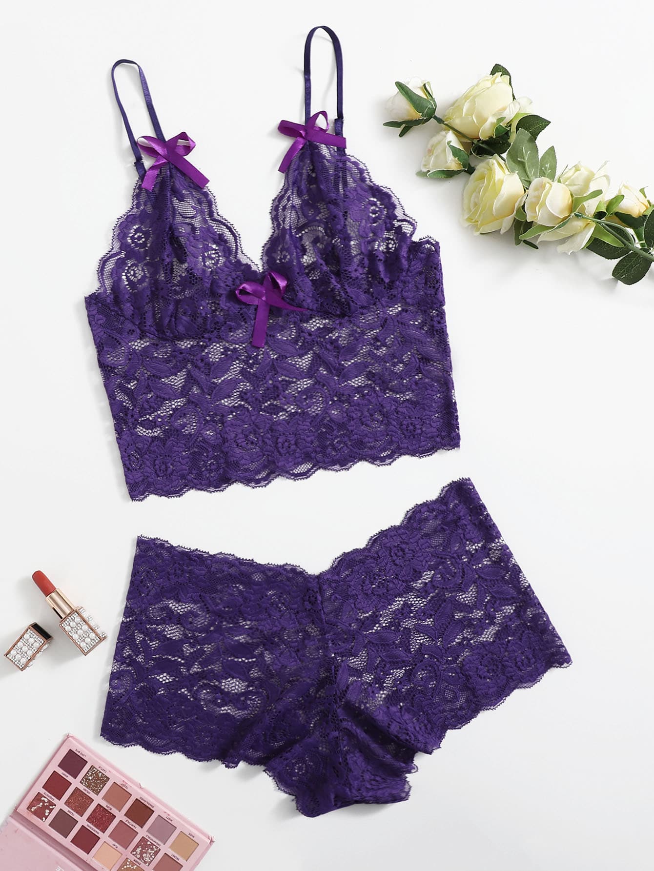 Floral Lace Scallop Trim Lingerie Set - Violet Purple - View 1
