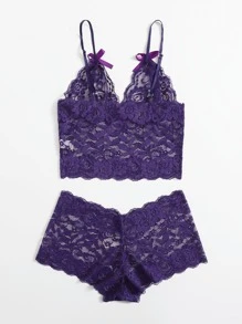 Floral Lace Scallop Trim Lingerie Set - Violet Purple - View 2