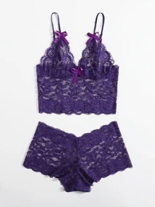 Floral Lace Scallop Trim Lingerie Set - Violet Purple - View 3