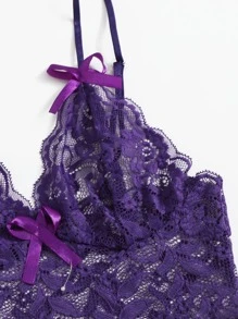 Floral Lace Scallop Trim Lingerie Set - Violet Purple - View 4