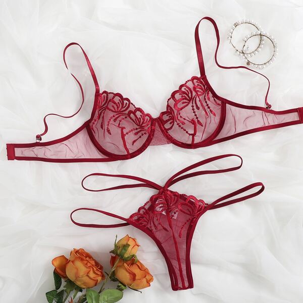 

Embroidery Mesh Underwire Lingerie Set, Burgundy