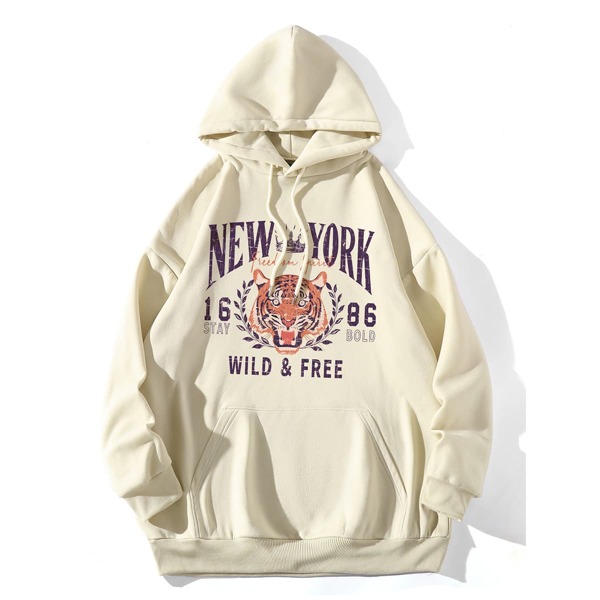 

Tiger And Letter Graphic Thermal Lined Hoodie, Beige