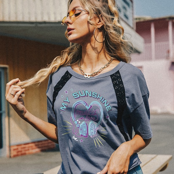 

Letter Graphic Lace Up Tee, Dusty blue