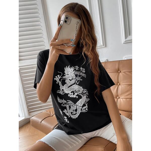 

Chinese Dragon And Character Print Tee, Black