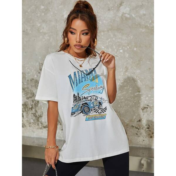 

Car And Letter Graphic Tee, White
