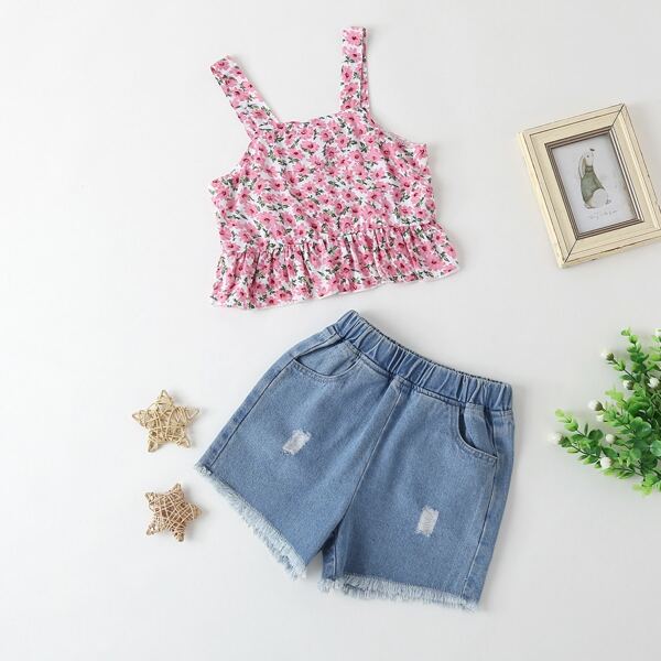 

Toddler Girls Floral Peplum Cami Top With Ripped Denim Shorts, Multicolor