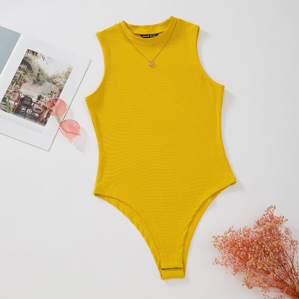 

Solid Rib Knit Tank Bodysuit, Yellow