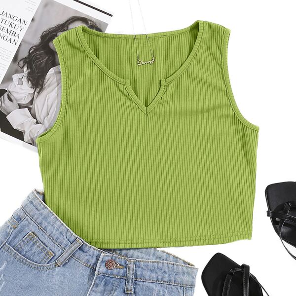 

Notched Rib Knit Crop Tank Top, Lime green