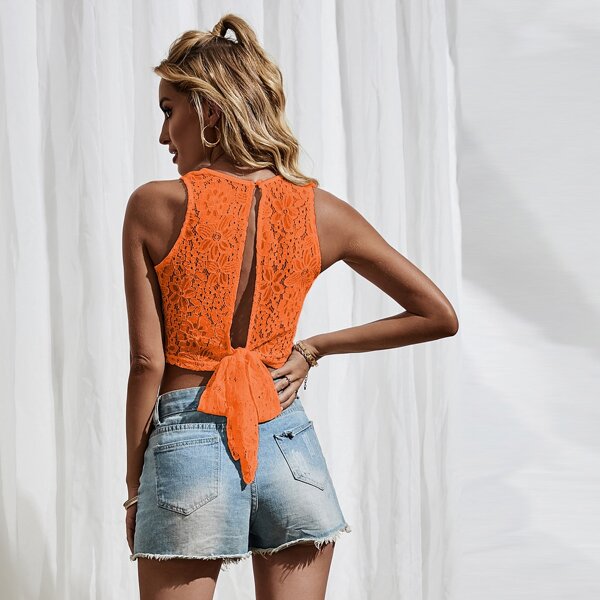 

Lace Detail Split Tie Back Rib-knit Crop Tank Top, Coral orange