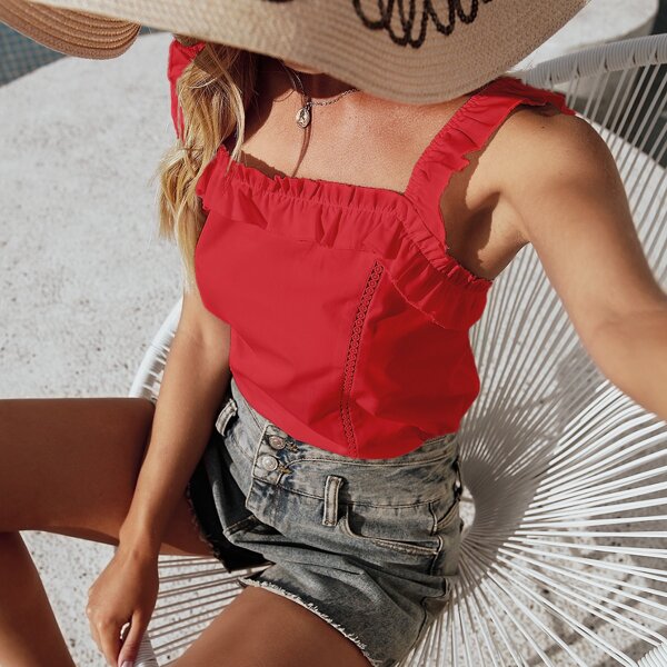 

Square Neck Ruffle Trim Solid Top, Red