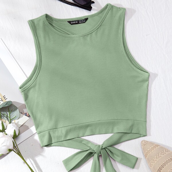 

Tie Back Backless Crop Tank Top, Mint green